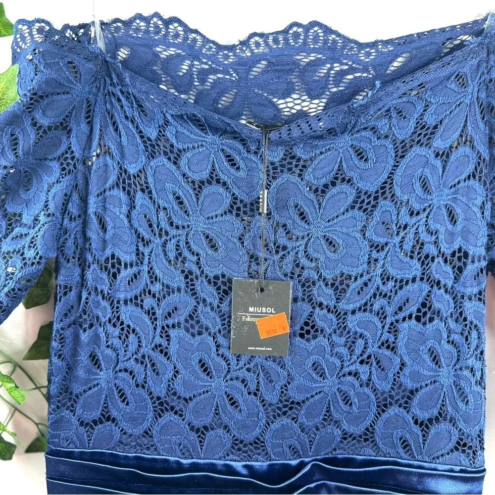 NWT Miusol Womens Lace Bodice Satin Ruched Mermaid Evening Dress Navy Blue Large - Picture 7 of 12